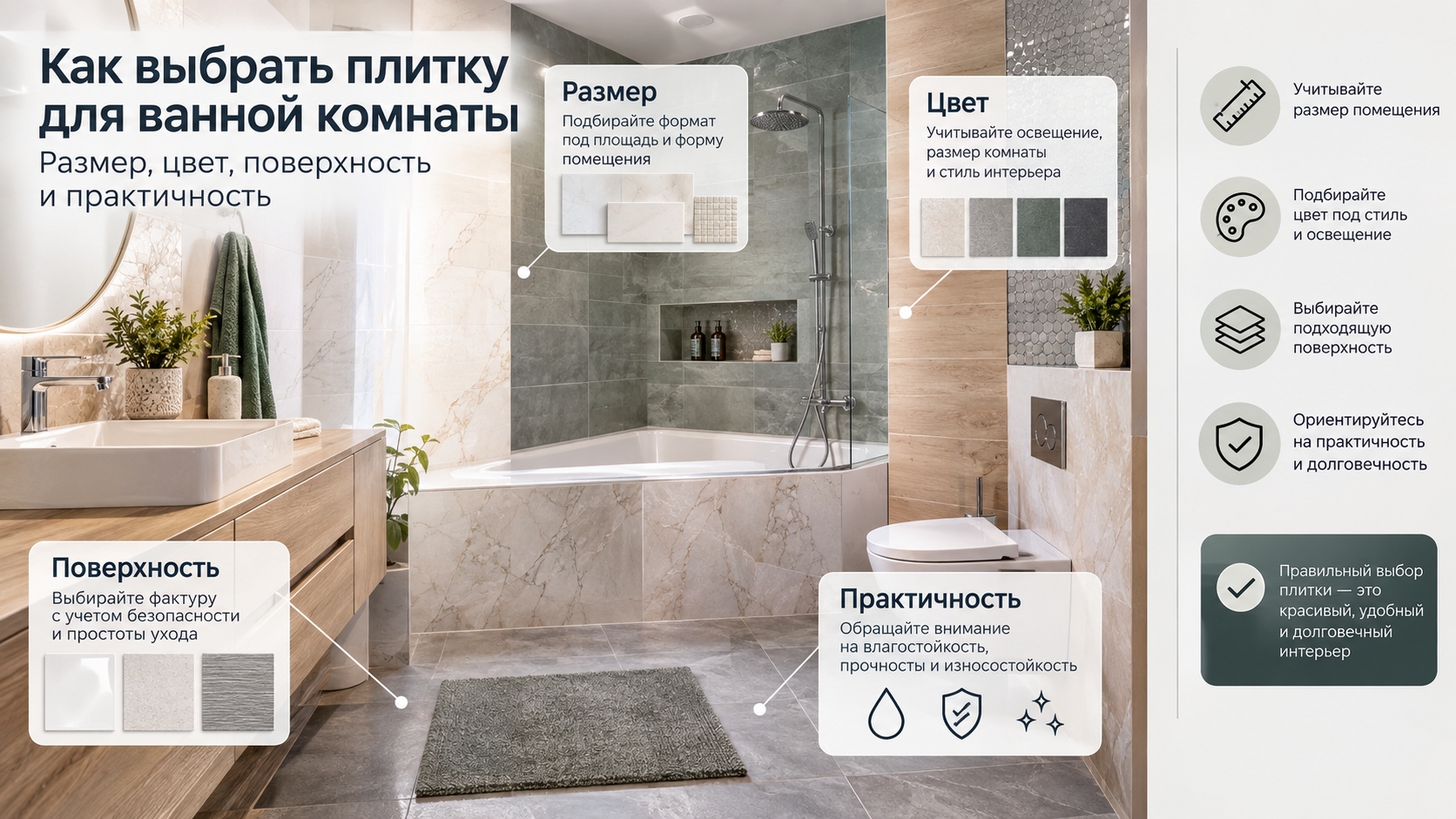 Как выбрать плитку для ванной комнаты: размер, цвет, поверхность и практичность