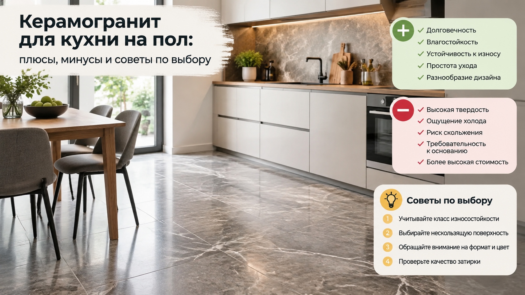 Керамогранит для кухни на пол: плюсы, минусы и советы по выбору